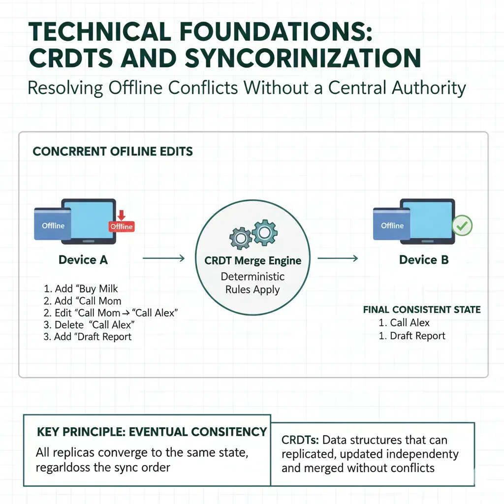 CRDT merge behavior and synchronization flow
